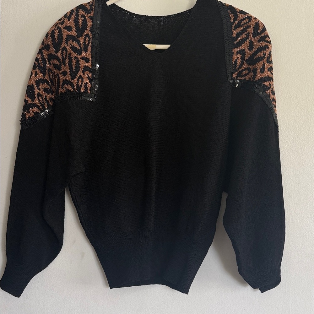Vintage Lintons Black Sweater with Brown Leopard Accent Skirt knit set